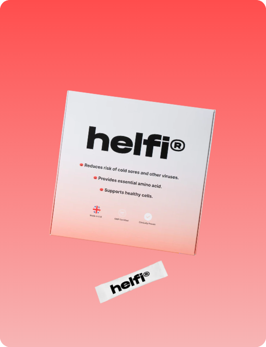 helfi cold sore sachet packaging and sachet with a red background